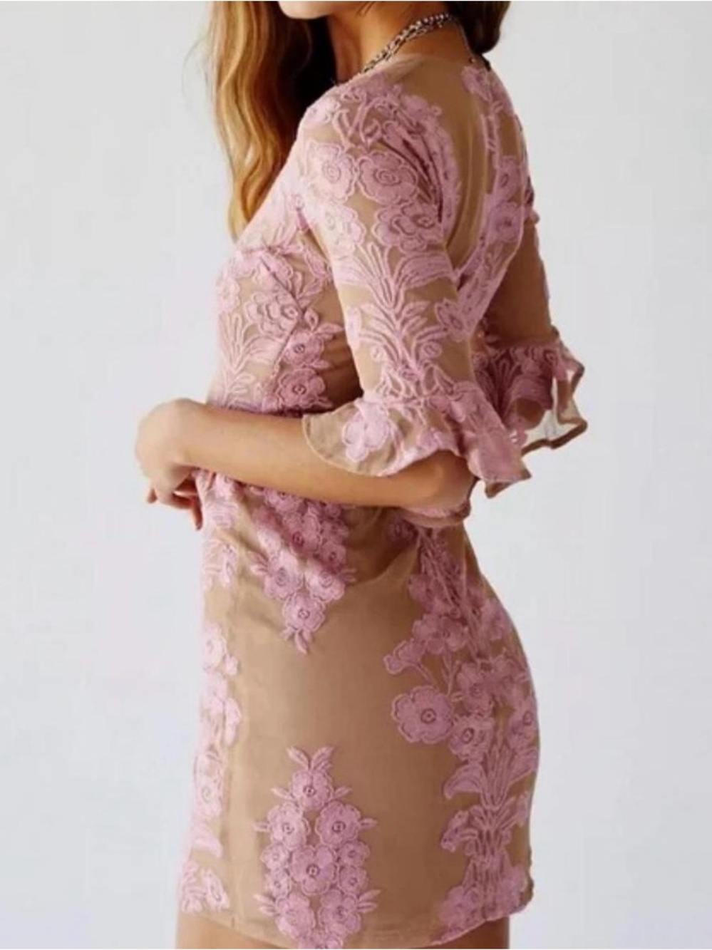 For Love & Lemons Temecula Mini Dress M Pink Floral Embroidered Mesh Bell Sleeve